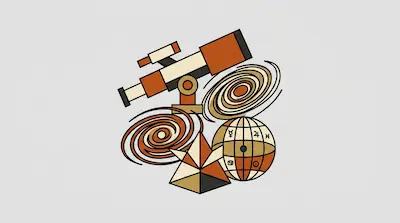 Flat illustration of a telescope, two spiral galaxies, and a celestial globe in orange and tan tones on a gray background