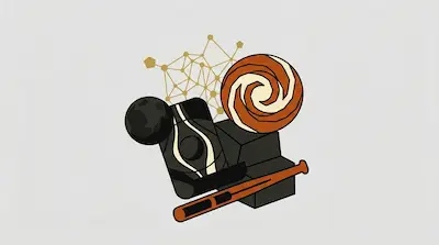 Flat illustration of a baseball bat, a swirling orange sphere, and a geometric network on a light grey background
