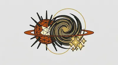 Flat illustration of a geometric orange sun with black spikes next to a swirling galaxy and golden stars