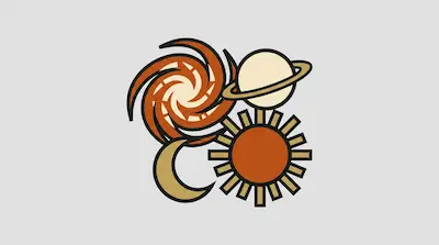 Flat illustration of a spiral galaxy, a ringed planet, a crescent moon, and a sun icon on a light gray background
