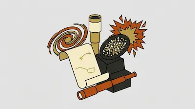 Flat illustration of a telescope, a star map scroll, and a spiral galaxy icon on a plain light background