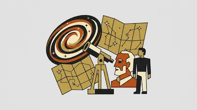 Flat illustration of a telescope, star maps, a spiral galaxy, and two stylized men in a vintage graphic style