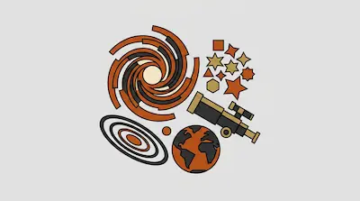 Flat illustration of a telescope, a spiral galaxy, and a globe in orange and black tones on a gray background
