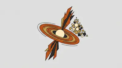 Flat illustration of a stylized black hole with orange rings, sharp energy jets, and geometric debris on a gray background