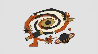 Flat illustration of a spiral galaxy, a ringed planet, and a telescope in orange, black, and gold on a gray background