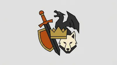 A stylized emblem featuring a sword, shield, crown, dragon, and wolf head.