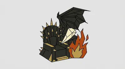 A dark, spiked throne stands next to a dragon wing, a large white crystal, and a stylized flame in a geometric art style.