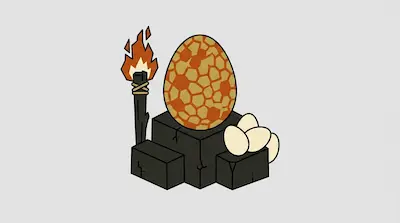 A large orange egg with a honeycomb pattern sits on dark stone blocks next to a lit torch and three smaller white eggs.