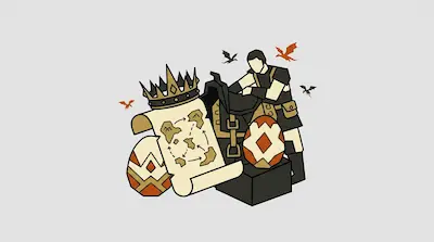 A man in dark armor stands behind a chest surrounded by two large patterned eggs, a map with a crown, and small flying dragons.
