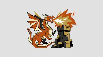 A geometric orange dragon breathes fire onto a stone castle tower.