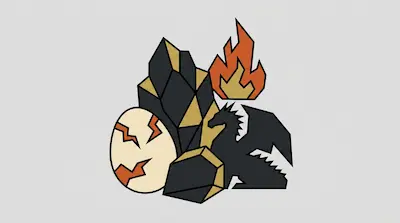 A black dragon silhouette, a cracked egg with orange markings, jagged dark rocks, and an orange flame.