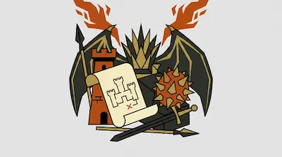 A stylized graphic of fantasy icons including a dragon's head with wings, a castle tower, a map scroll, and medieval weapons.