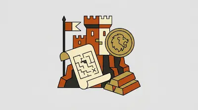 A stylized castle stands behind a map, a gold coin with a lion's head, and a stack of gold bars.