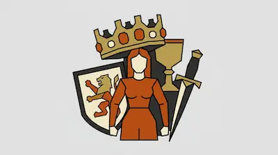 A woman in an orange dress stands before a large crown, a shield with a lion, a chalice, and a sword.