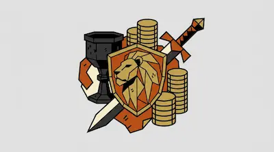 A geometric lion shield surrounded by stacks of gold coins, a sword, and a black chalice.