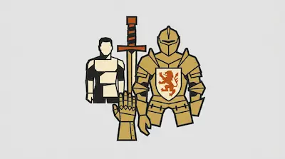 A stylized graphic of a knight in golden armor with a lion crest, a large sword, and a human silhouette.
