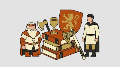 A short bearded man in a crown and a taller man in a cape stand beside a stack of books, a chalice, a shield with a lion, and two axes.