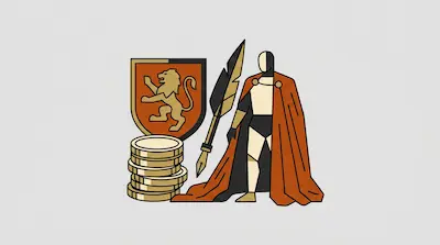 A figure in an orange cape stands beside a large quill pen, a shield with a lion, and a stack of gold coins.