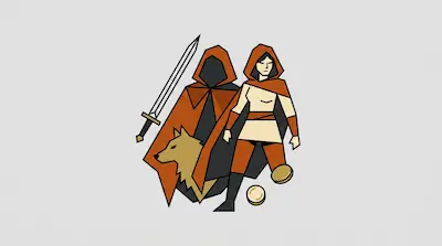 Stylized geometric illustration of two hooded figures in orange and black cloaks, a sword, a wolf head, and two gold coins.
