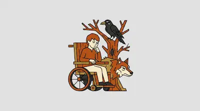 A boy sits in a wheelchair next to a bare tree with a three-eyed raven perched on a branch and a wolf head on the side of the chair.