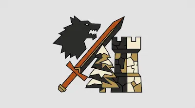 A stylized graphic featuring a black wolf head, an orange sword, a patterned pine tree, and a black and white chess rook.