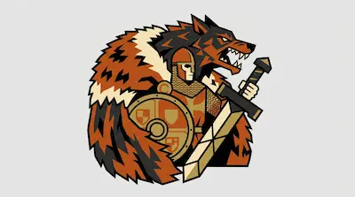 A stylized warrior wearing a wolf pelt and holding a sword and shield.