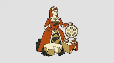 A woman in a long orange dress holds an embroidery hoop next to a wheel of cheese and a small table with berries.