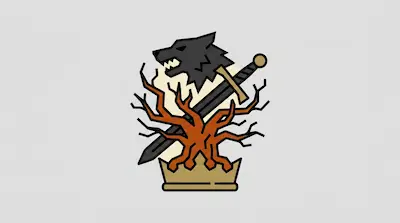 A minimalist graphic of a snarling wolf head above a diagonal sword and a leafless tree growing from a gold crown.