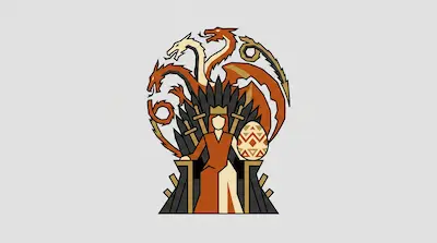 A stylized woman in a crown sits on a throne of swords holding a large patterned egg, with a three-headed dragon behind her.