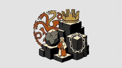 A three-headed dragon emblem stands behind a gold crown, a cracked stone, a robed figure, and a chain link circle arranged on dark, blocky pedestals.