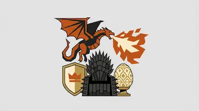 An orange dragon breathing fire above a throne made of swords, a gold shield with a crown, and a patterned egg.