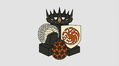 A black crown, a braided hairpiece, a shield with a three-headed dragon, and a scaled egg are grouped together.