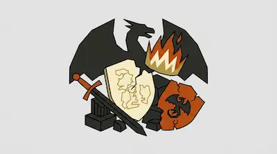 A black dragon silhouette with spread wings stands behind a broken white shield, a flaming crown, a sword, and an orange shield with a dragon emblem.