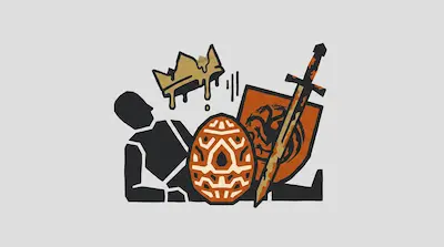 A stylized graphic featuring a reclining black silhouette, a dripping gold crown, a patterned egg, and a shield with a three-headed dragon next to a sword.