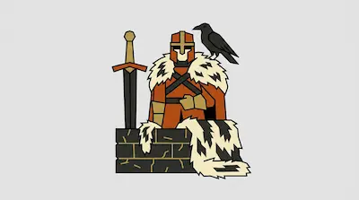 A stylized knight in orange armor and a spotted fur cloak stands behind a stone wall with a raven on his shoulder and a sword to his side.