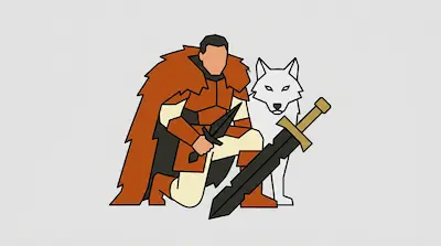 A faceless warrior in orange armor and a fur cloak kneels beside a white wolf with a large sword planted in the ground.