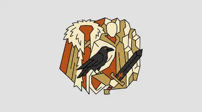 A stylized graphic of a hooded figure holding a sword, a black raven, and a fur-lined garment against a background of geometric shapes.