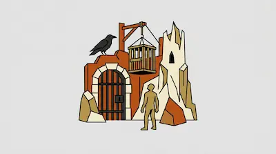 A person stands before a stone gate and a jagged tower, with a black bird perched on a wall and a cage hanging from a wooden beam.