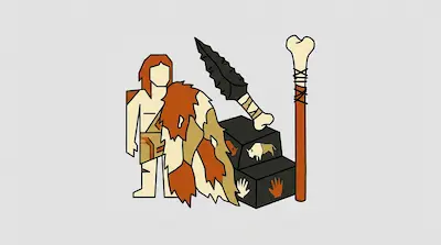 A stylized prehistoric figure stands beside an animal pelt, a stone knife, a bone club, and two dark blocks decorated with cave art.