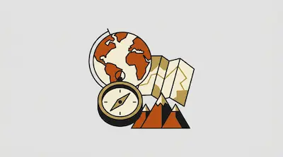A globe, a compass, a folded map, and mountain peaks.