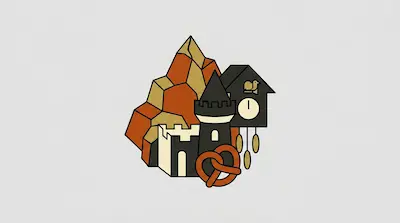A stylized graphic of a mountain, a castle, a cuckoo clock, and a pretzel.