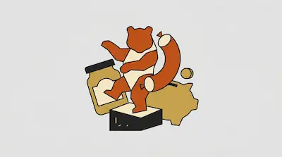 A stylized brown bear stands on a black block surrounded by a jar, a curved sausage, a piggy bank, and a coin.