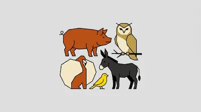 Stylized geometric illustrations of a pig, an owl, a donkey, a yellow bird, and an orangutan.