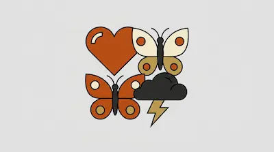 Four stylized icons including an orange heart, two butterflies, and a dark storm cloud with a lightning bolt.