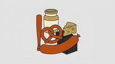 A jar, a pretzel, a wedge of cheese, and two sausages are grouped together.
