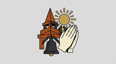 A wooden bell tower with a black bell, a sun with rays, and a pair of hands pressed together.