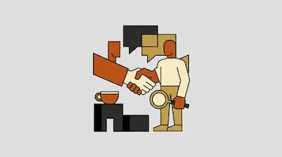 Two figures shake hands in a geometric style with speech bubbles, a magnifying glass, and a coffee cup.