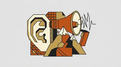 A geometric composition featuring a large ear, a megaphone, and mountain peaks in shades of orange, tan, and black.