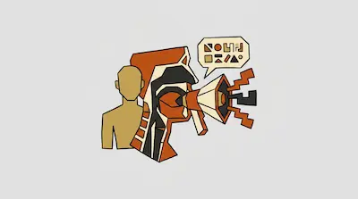 A stylized figure with a megaphone for a mouth speaks into a speech bubble of abstract shapes, with a second figure standing behind it.