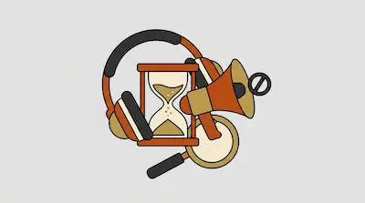 A collection of stylized icons featuring headphones, an hourglass, a megaphone, and a magnifying glass.